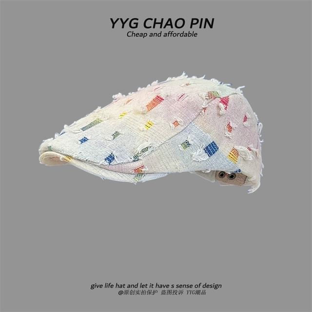 Fringed Distressed Cap Star Denim Print / Trim Newsboy Gradient