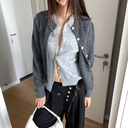 Two-Tone Faux Two-Piece Knit Cardigan