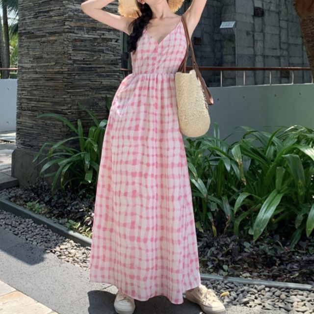 Spaghetti Strap V-Neck Plaid Maxi A-Line Dress