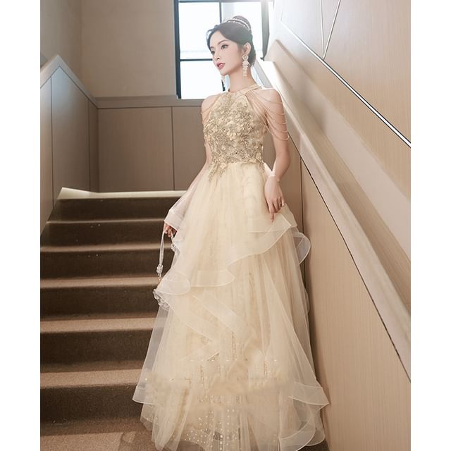 Evening Mesh Gown Sequin Sleeveless A-Line Halter