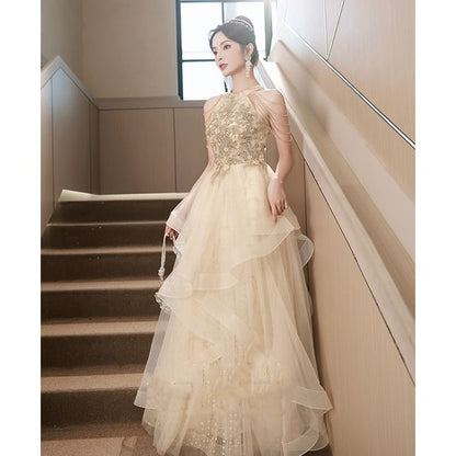 Evening Mesh Gown Sequin Sleeveless A-Line Halter