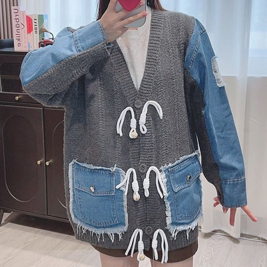 V-Neck Fringed Denim Panel Cardigan