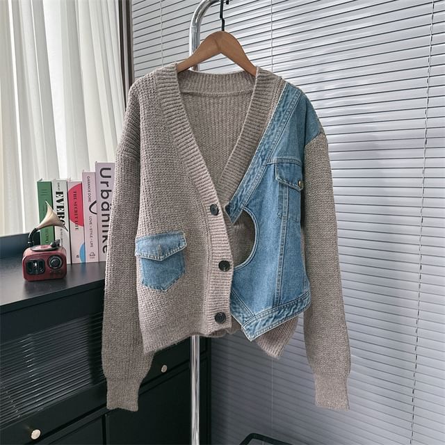 V-Neck Denim Panel Cardigan