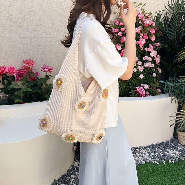Flower Accent Knit Shopper Bag