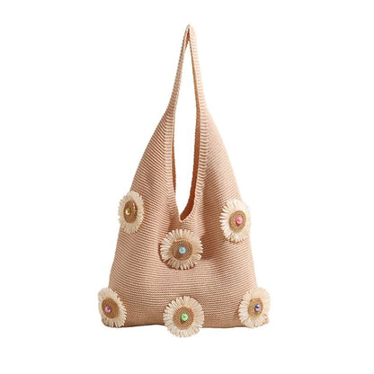 Flower Accent Knit Shopper Bag
