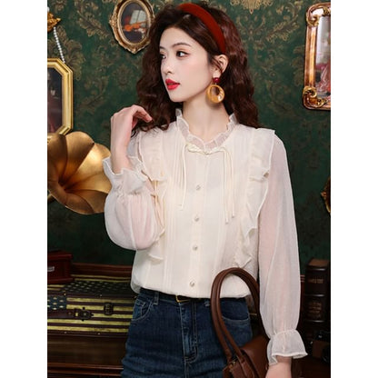 Puff-Sleeve Plain Ruffle Blouse