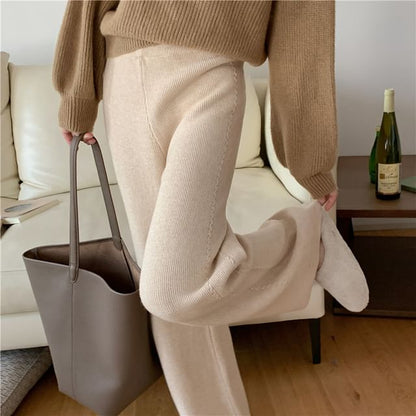 High Rise Plain Knitted Straight-Fit Wide-Leg Pants