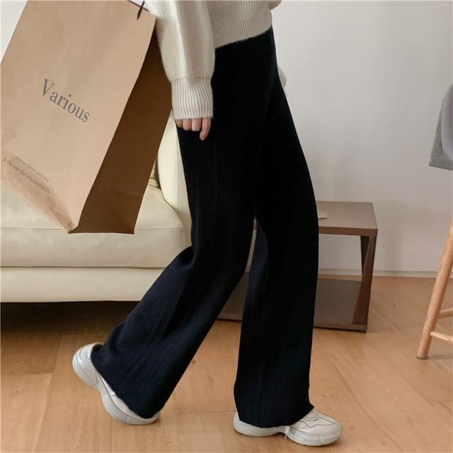 High Rise Plain Knitted Straight-Fit Wide-Leg Pants