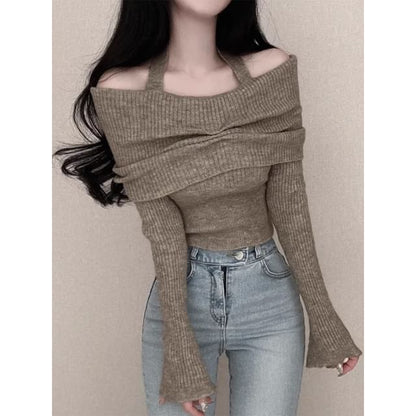 Long-Sleeve Off Shoulder Plain Ribbed Knitted Crop Top