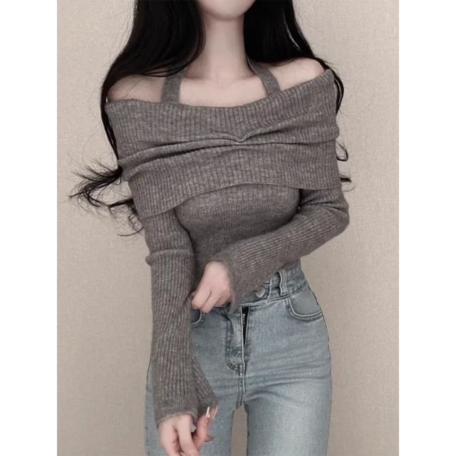 Long-Sleeve Off Shoulder Plain Ribbed Knitted Crop Top