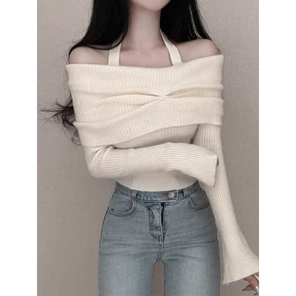 Long-Sleeve Off Shoulder Plain Ribbed Knitted Crop Top