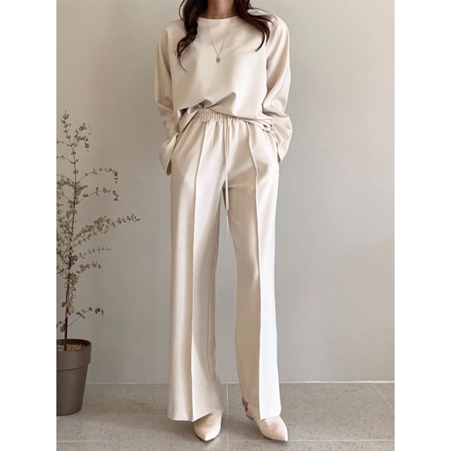 Long Sleeve Crew Neck Plain Pullover / Mid Rise Plain Wide Leg Sweatpants