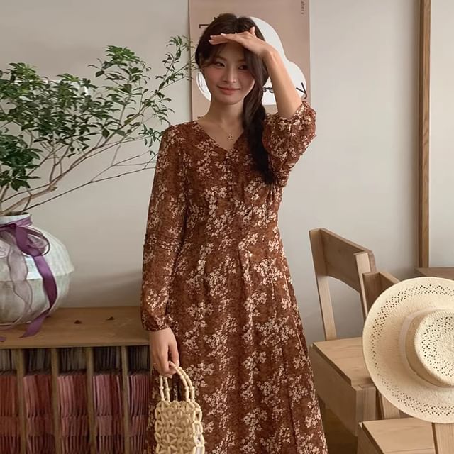 Long Sleeve Floral V-Neck Maxi A-Line Dress