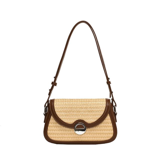 Two Tone Straw Flap Crossbody Bag