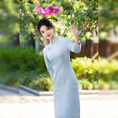 3/4 Sleeve Floral Embroidered Midi Sheath Qipao