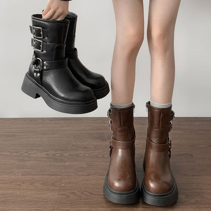 Platform Plain Buckled Short Boots