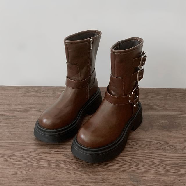 Platform Plain Buckled Short Boots