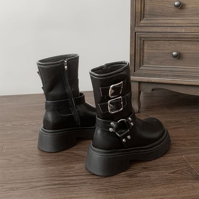 Platform Plain Buckled Short Boots