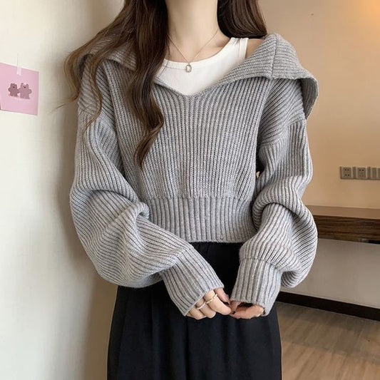 Cropped Sailor-Collar Loose Knit Sweater