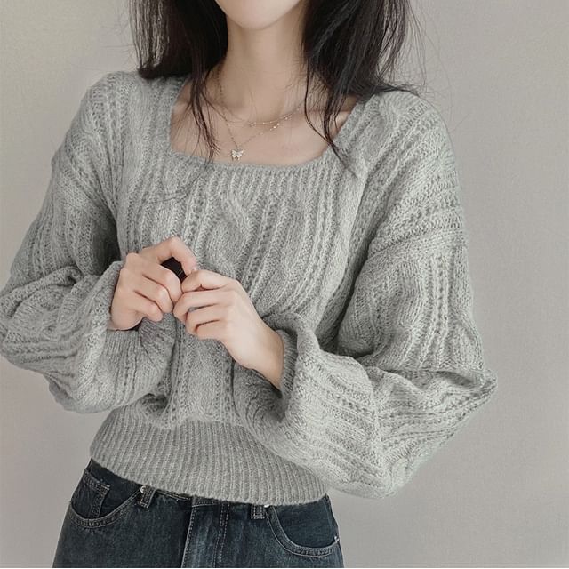 Cable-Knit Bubble-Sleeve Cropped Sweater