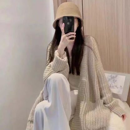 Oversized Open-Front V-Neck Long Cardigan