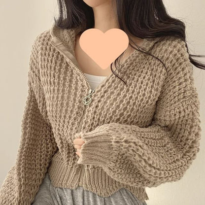 Crochet-Knit Hooded Zipper Cardigan