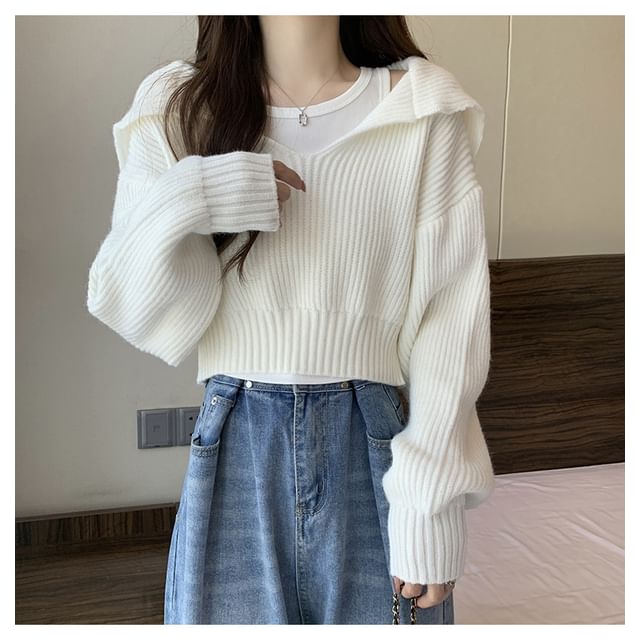 Cropped Sailor-Collar Loose Knit Sweater