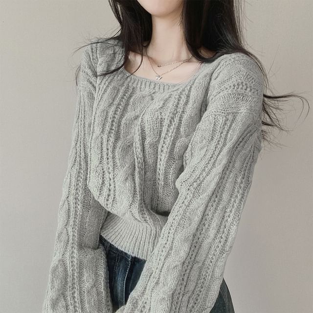 Cable-Knit Bubble-Sleeve Cropped Sweater