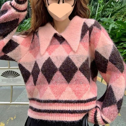 Oversized Collared Argyle-Print Knit Sweater
