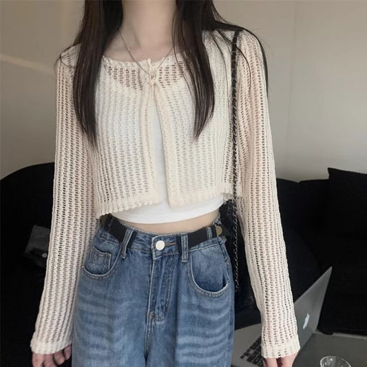 Perforated Crew Neck Button Slit Crop Cardigan