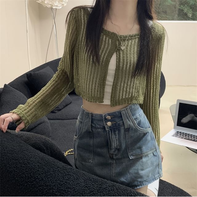 Perforated Crew Neck Button Slit Crop Cardigan