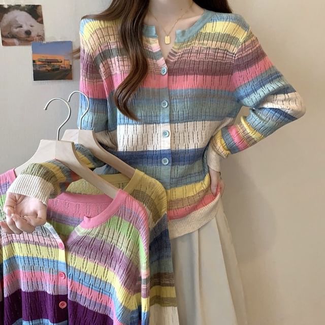 Notch Neck Color Block Button-Up Cardigan