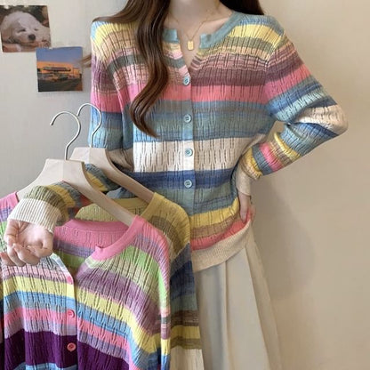 Notch Neck Color Block Button-Up Cardigan