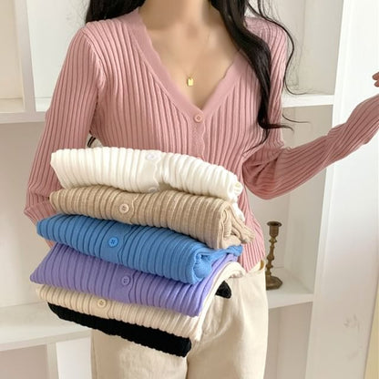 V-Neck Ribbed Button-Up Cardigan