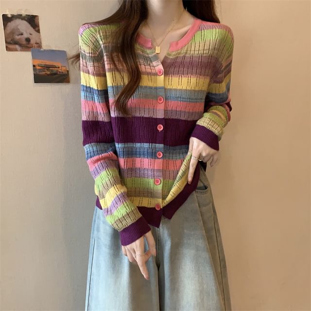 Notch Neck Color Block Button-Up Cardigan