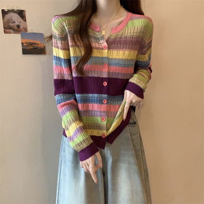 Notch Neck Color Block Button-Up Cardigan