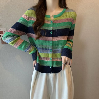 Notch Neck Color Block Button-Up Cardigan