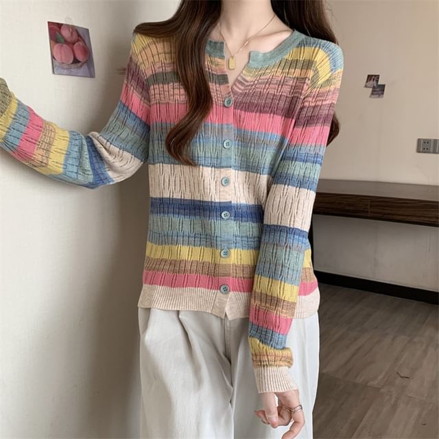 Notch Neck Color Block Button-Up Cardigan