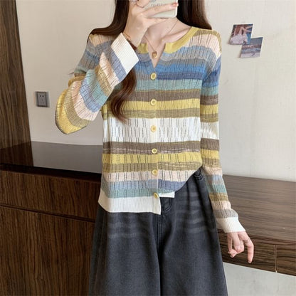 Notch Neck Color Block Button-Up Cardigan