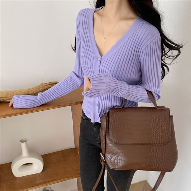 V-Neck Ribbed Button-Up Cardigan