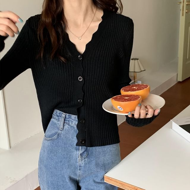 V-Neck Ribbed Button-Up Cardigan