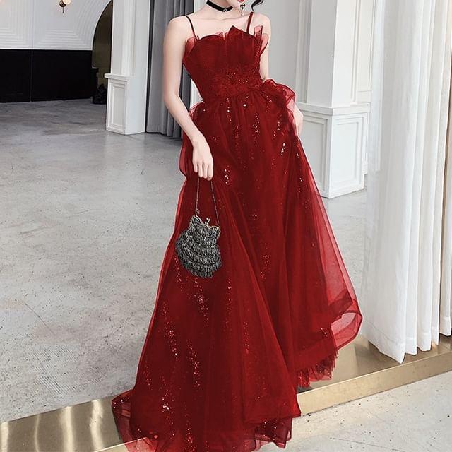 Strap Spaghetti Gown Evening Accent Floral Sequin Mesh Neck Notch A-Line