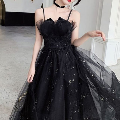 Spaghetti Strap Notch Neck Sequin Floral Accent Mesh A-Line Evening Gown