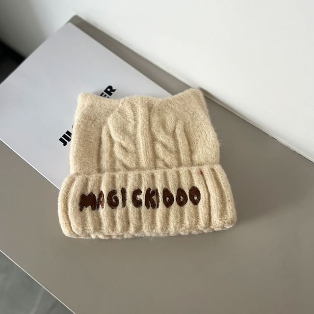 Lettering Embroidered Cable Knit Beanie