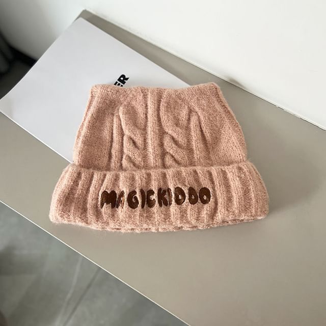 Lettering Embroidered Cable Knit Beanie