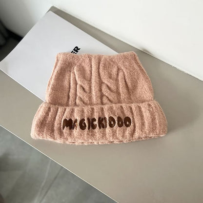 Lettering Embroidered Cable Knit Beanie