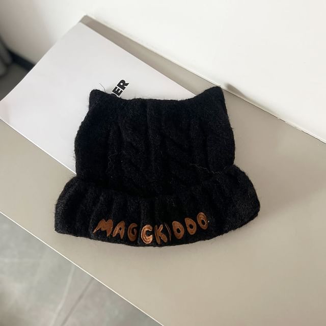Lettering Embroidered Cable Knit Beanie