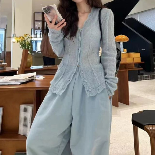 V-Neck Lace Trim Sheer Button Cardigan