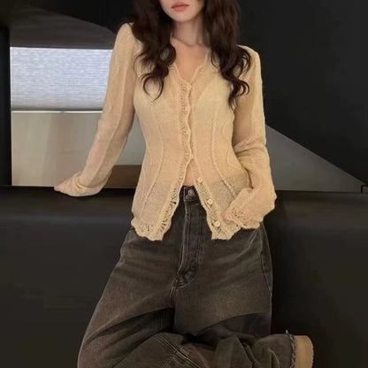 V-Neck Lace Trim Sheer Button Cardigan