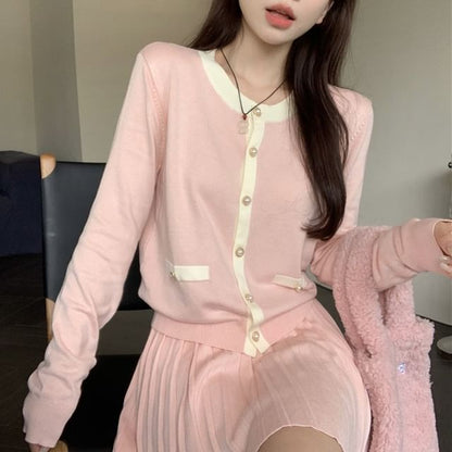 Round Neck Two Tone Cardigan & Pleated Mini Skirt
